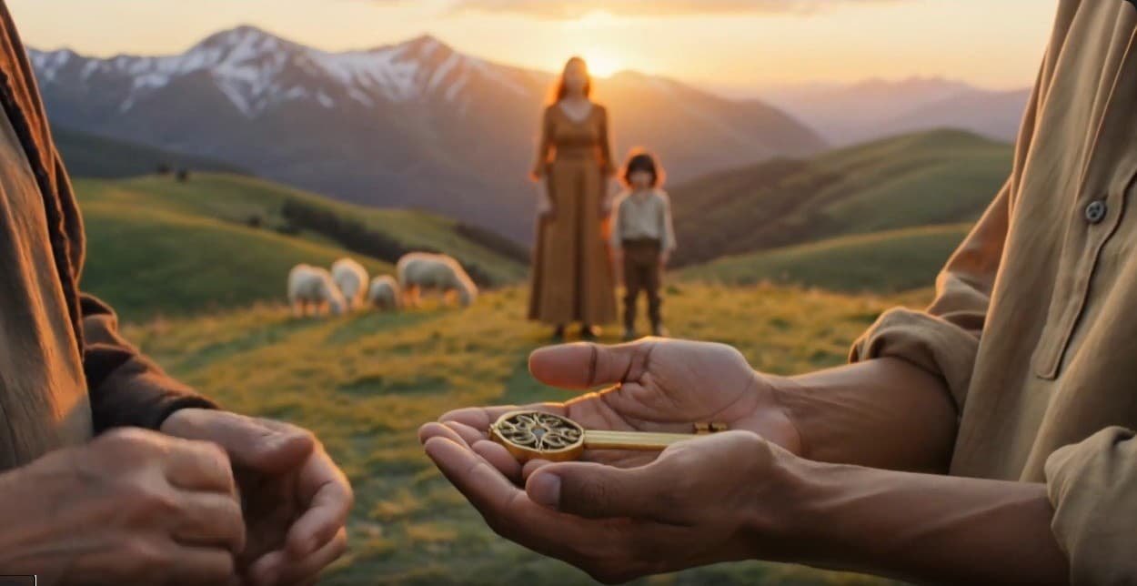 Shepherd in pastoral setting
